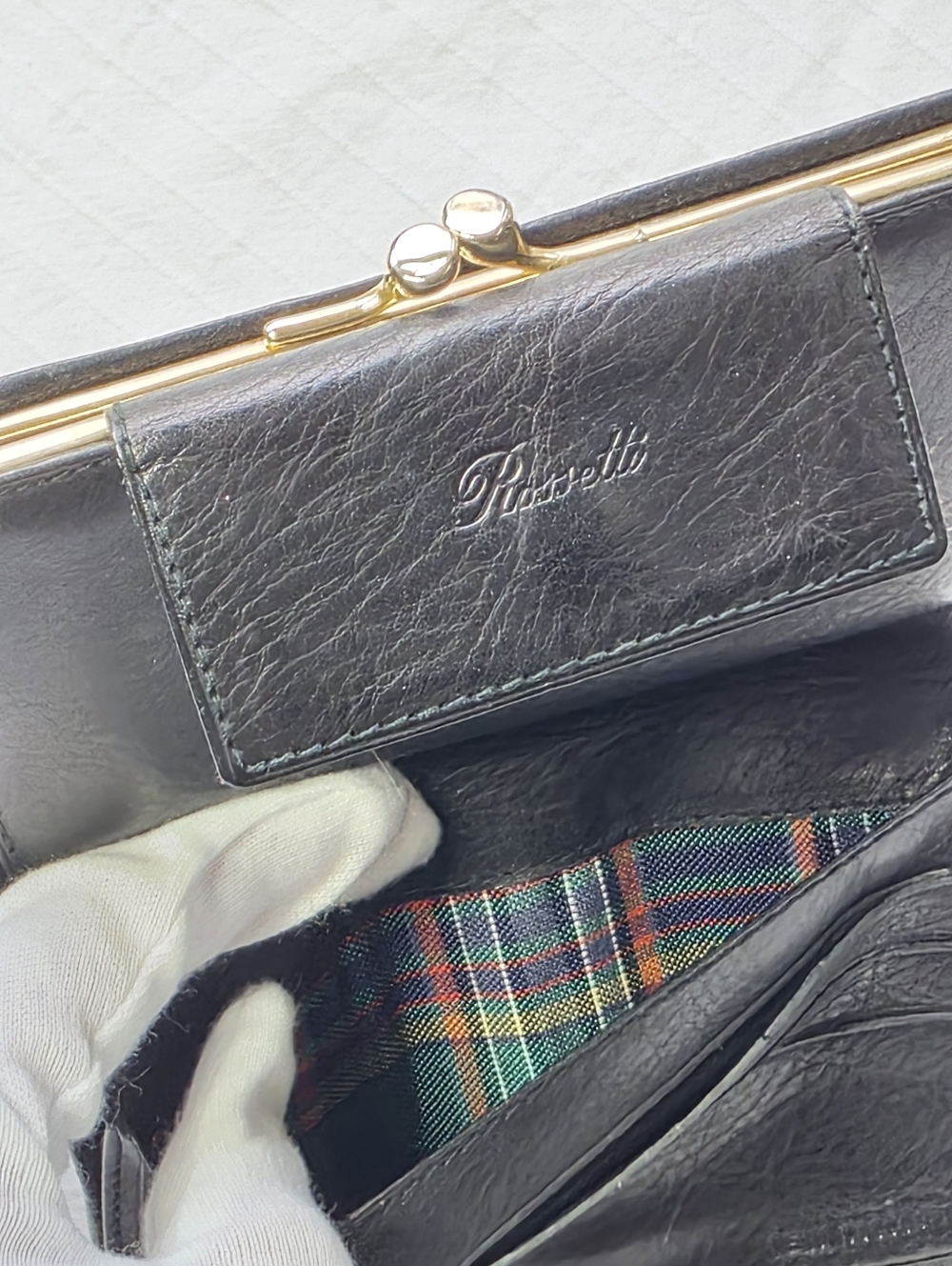 Vintage Rosetti Black Leather Patchwork Wallet Kiss Lock Coin Purse Tartan Linin